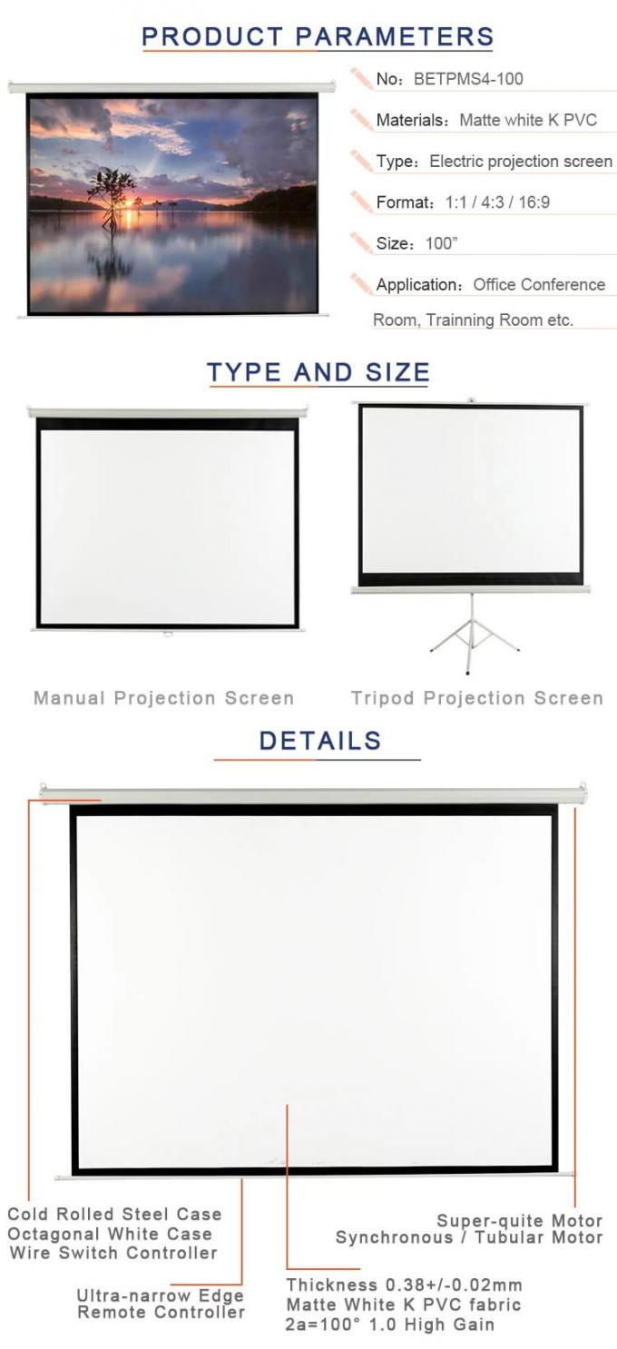 100 Inch Electric Projector Screen , Motorized Rear Projection Screen