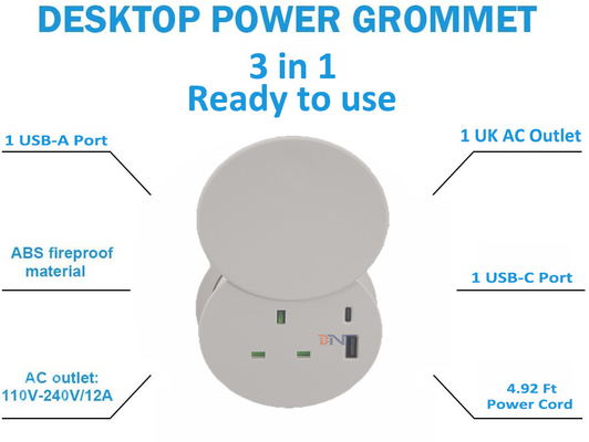 Safety Guarantee 4.92 Ft Extension Cord 1 AC Outlet Port and 2 USB Ports White For Table Desk Hole Round