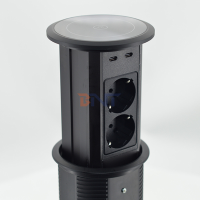 Electric Pop-Up Power Sockets Double side design 4 AC Outlets with dual USB A+C +wireless charger for Office De