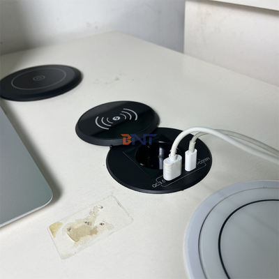 office furniture round qi wireless charger with EU power outlet & usb a+c for sofa coffee table charging station