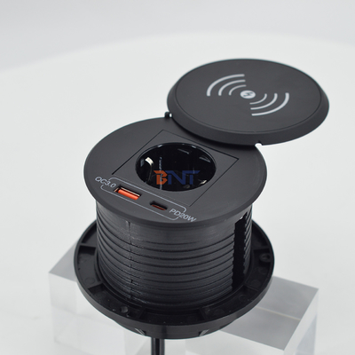 office furniture round qi wireless charger with EU power outlet & usb a+c for sofa coffee table charging station
