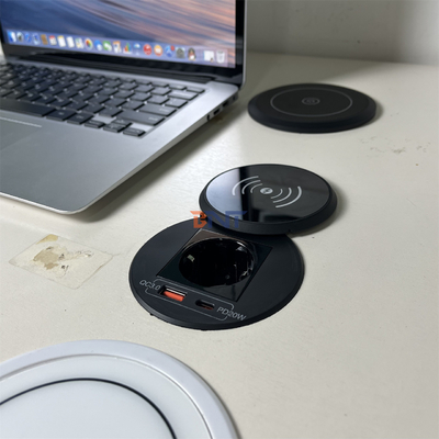 office furniture round qi wireless charger with EU power outlet & usb a+c for sofa coffee table charging station