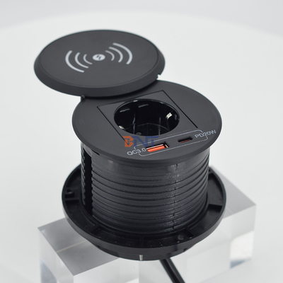 office furniture round qi wireless charger with EU power outlet & usb a+c for sofa coffee table charging station