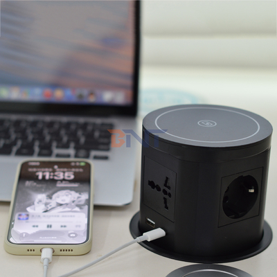 Kitchen Hidden Pneumatic Pop Up Power Sockets With usb port and 15W Wireless Charger for Office desk
