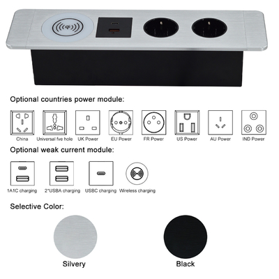 Office multifunctional under table socket EU power socket with usb A+C ports and wireless charger