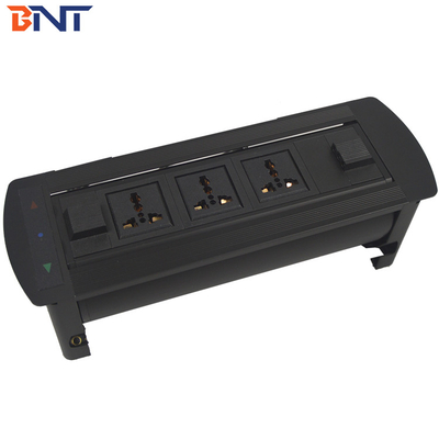 Electric Black Aluminum Alloy  Desk Pop Up Media Socket With 3*Universal Power