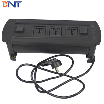 Electric Black Aluminum Alloy  Desk Pop Up Media Socket With 3*Universal Power