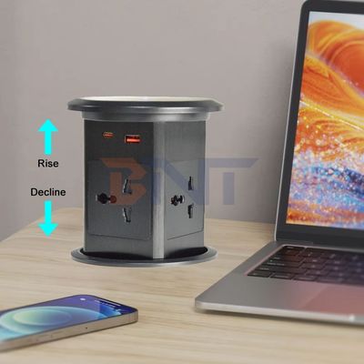 New Pneumatic Lift Pop up Socket US UK Universal Four Surface Mount Desktop Socket Top with 15W Wireless Charging Pop-up Socket