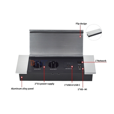 Hiddden Flip design Desktop Socket Power With 2 EUAC Outlets USB A+C HDMI Network