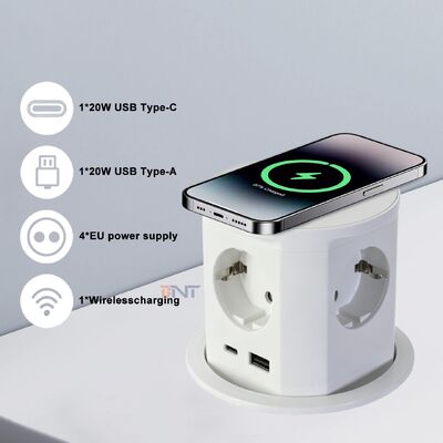 BNT Tabletop Office Commercial Use IP44 4 AC Power Outlets 16A ABS Pneumatic Pop Socket USB A+C Ports PD20W Charge