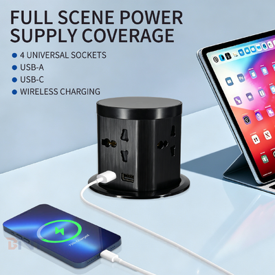 85mm Cutout Pop up Socket 4 Universal AC Outlets USB a and Type C Ports 16A 110-220V PC Brushed Finish 1.5m Cable