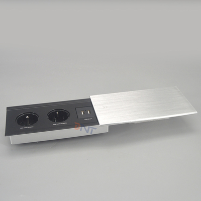 Brushed Aluminum Box FR Power Sliding Cover Tabletop Power Data Outlets