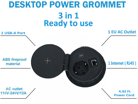 4.92 Ft Extension Cord with 1 EU Outlet and 1 USB-A Port and 1 Internet For Office Round Table Universal Power Socket